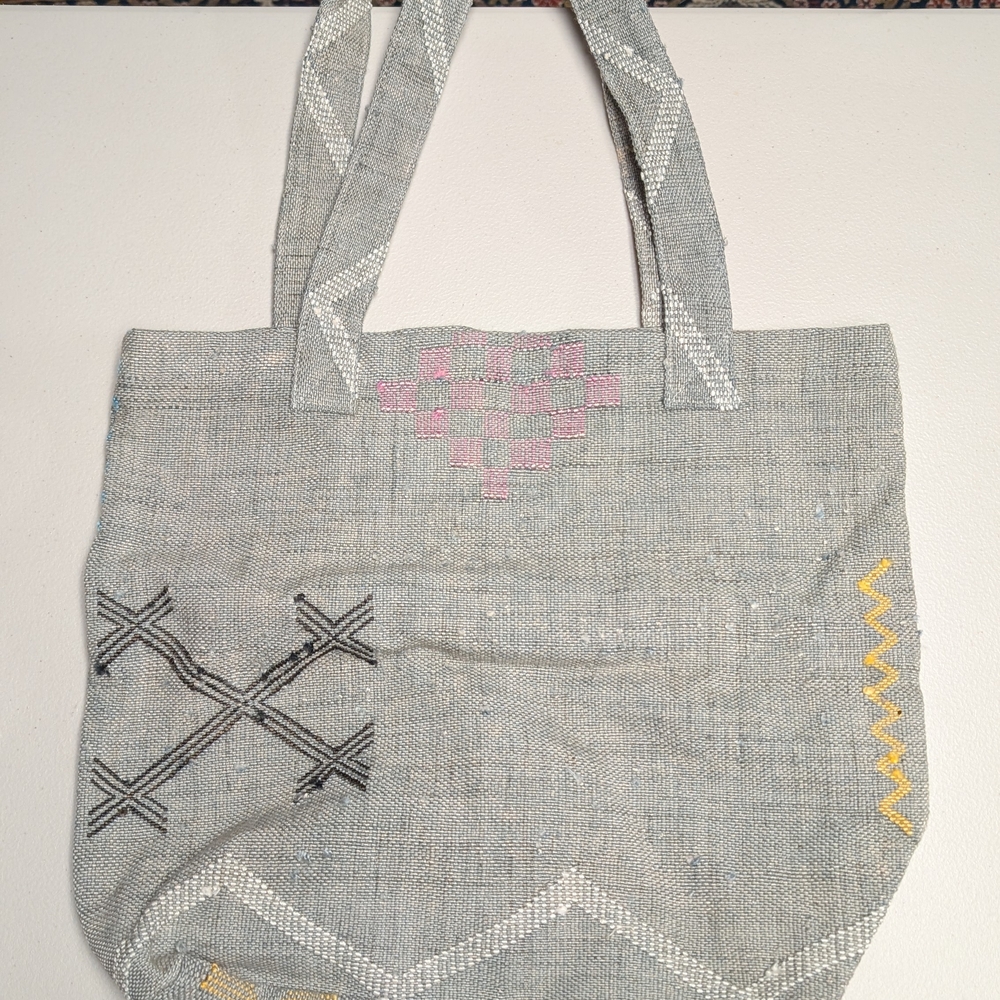 Woven Gray/Blue Tote Bag with Pink Heart Accent